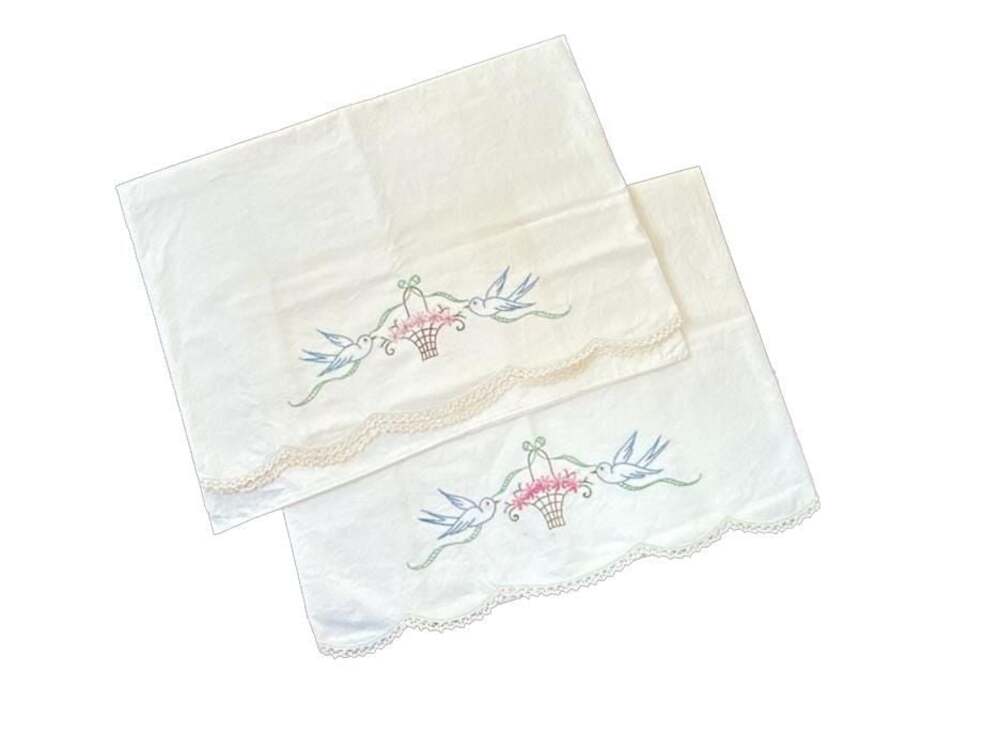 Vintage Hand Embroidered Floral Basket and Blue Birds Pillowcases Lace Trim